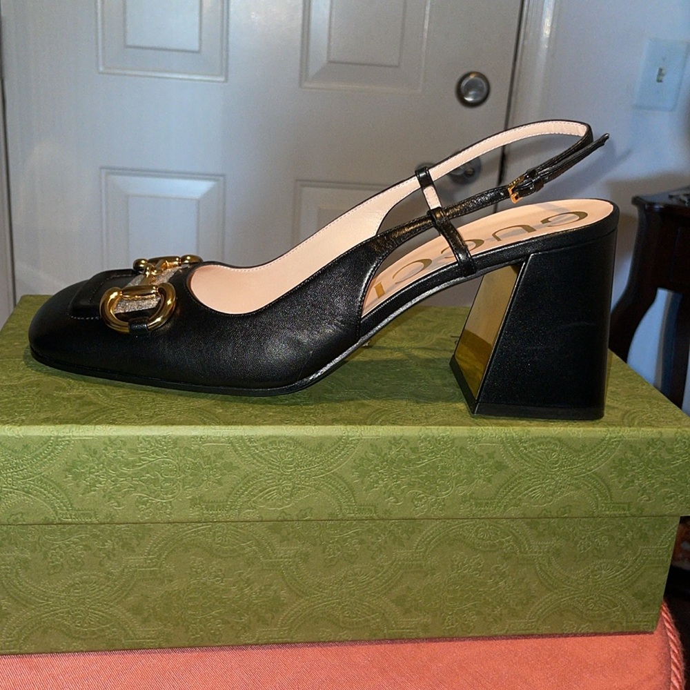 New Gucci ladies mid heel sling back shoe with horsebit